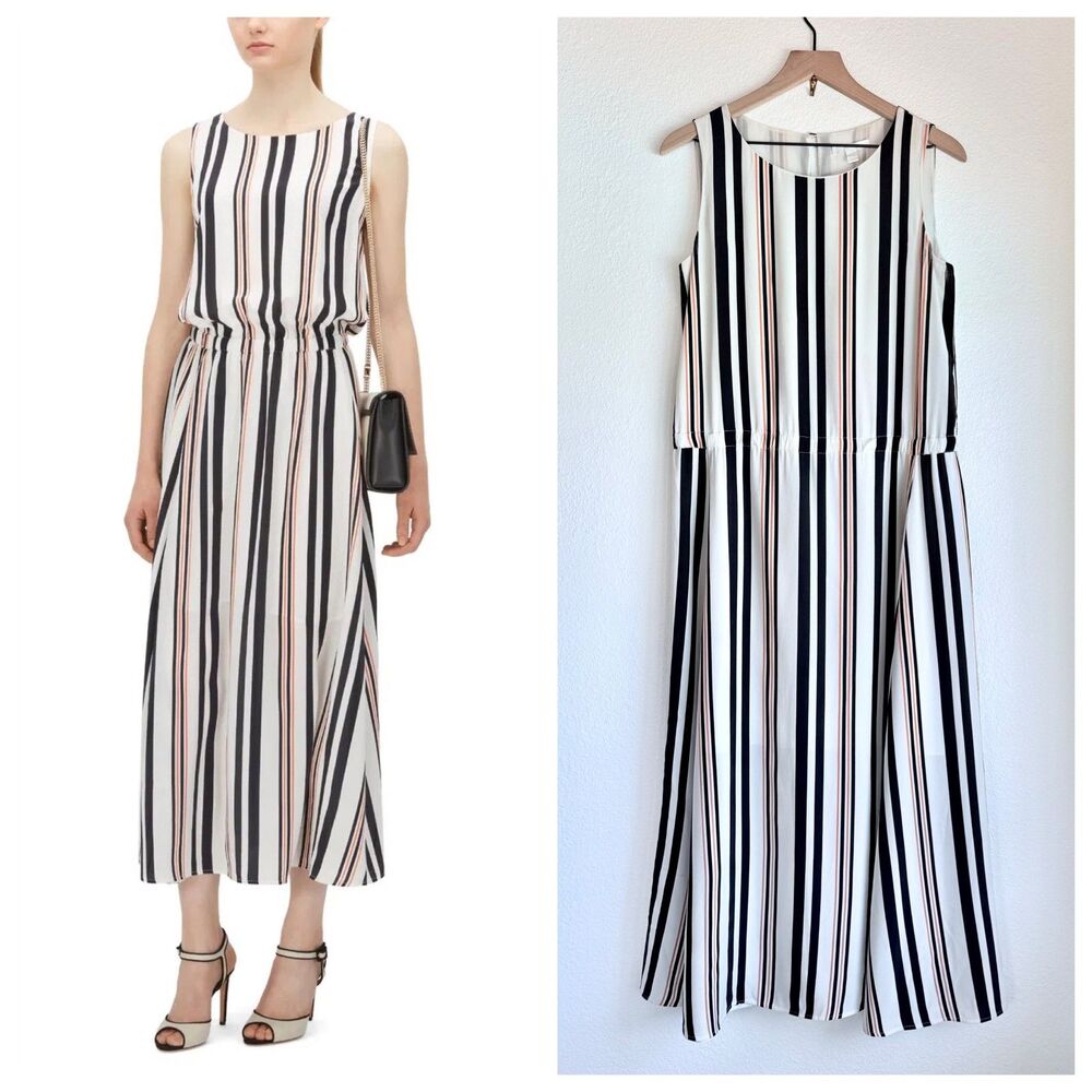 BOSS Women's 100% Silk Hemsy Striped Midi Dress in White, Navy & Orange Size 4